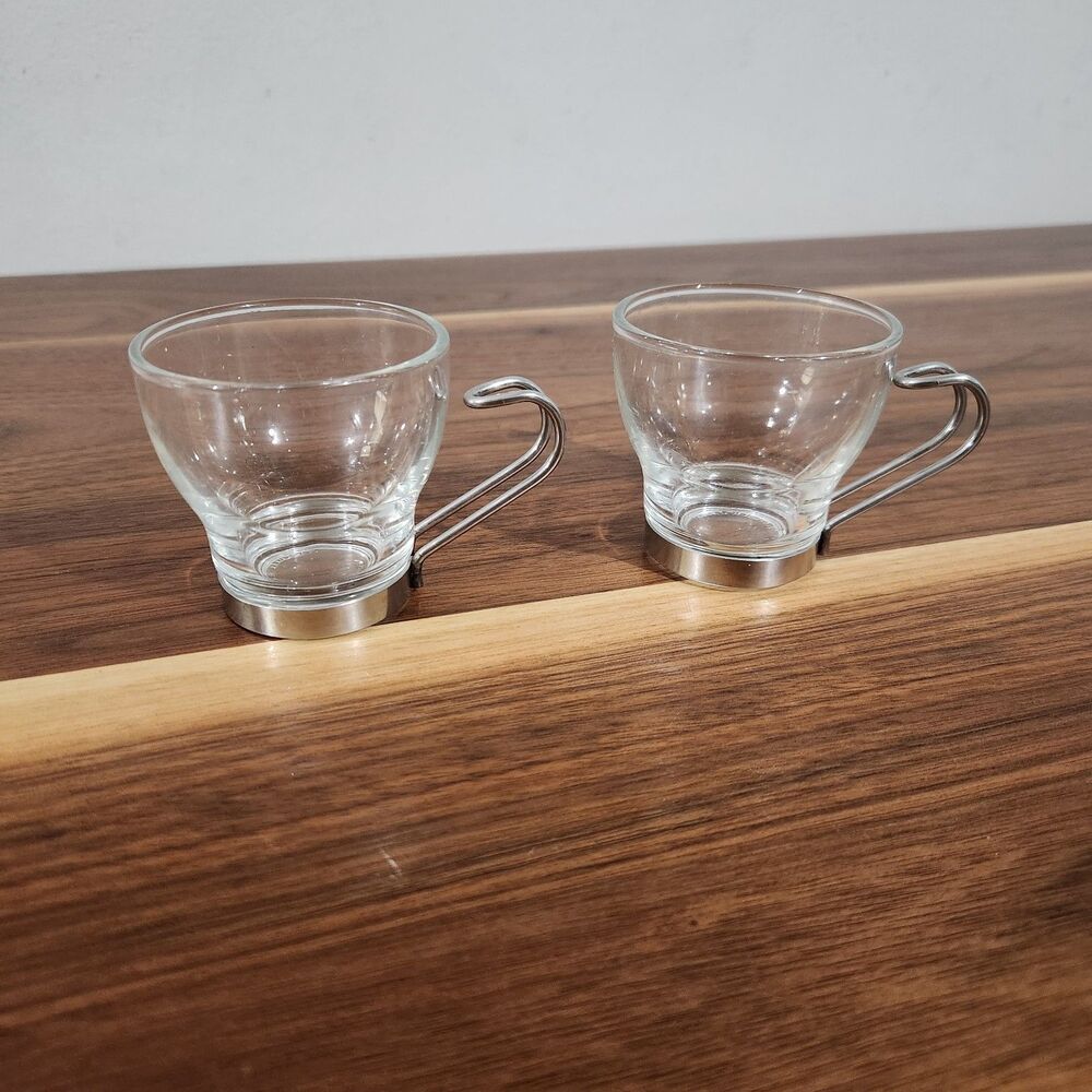 Bormioli Rocco Verdi Italy Coffee Cups Glass Metal Handle Espresso Mug Set of 2